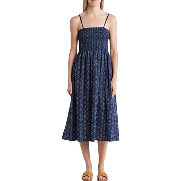 Maisie Riviera Smocked Bodice Midi Dress – Navy/Ivory Geo | Size Large - Picture 1 of 11
